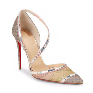 Christian Louboutin Chiara Diams 100 Glitter Crystal Cross Strap Heel Pump 37.5